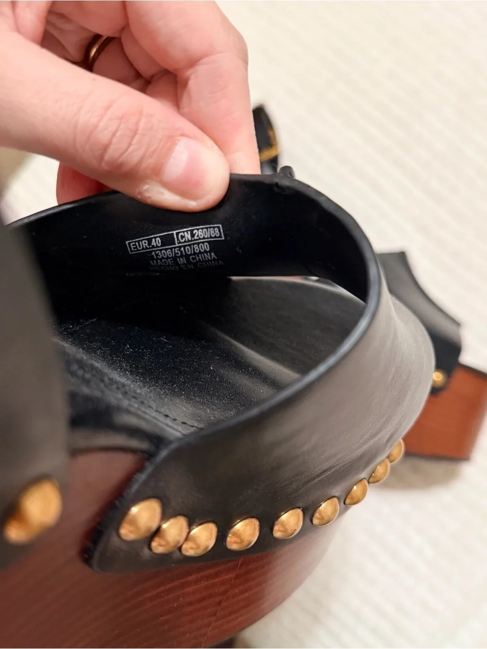 Zara Black Leather Platform Wedge Sandals with Brown Wood-Effect Sole